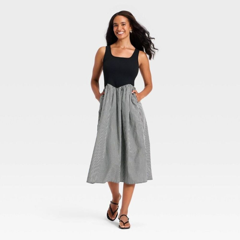 Women's Knit to Woven Midi Dress - A New Day Black/White Gingham L